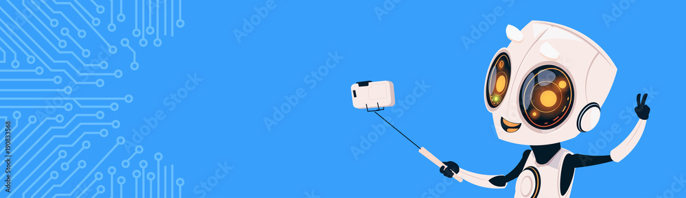 Cute Robot Take Selfie Photo On Smart Phone Over Circuit Background Horizontal Bannner With Copy Space Flat Vector Illustration Cute Robot Take Selfie Photo On Smart Phone Over Circuit Background Horizontal Bannner With Copy Space Flat Vector Illustration