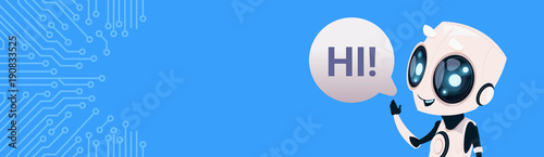 Cute Smiling Robot Chat Bot Say Hi Greeting Circuit Background Horizontal Bannner With Copy Space Flat Vector Illustration