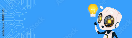 Cute Robot Hold Light Bulb Chat Bot Over Circuit Background Horizontal Bannner With Copy Space Flat Vector Illustration