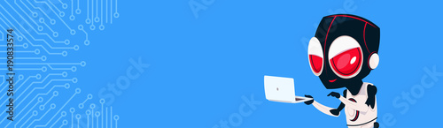 Robot Hacker With Laptop Computer Over Circuit Background Horizontal Bannner With Copy Space Flat Vector Illustration