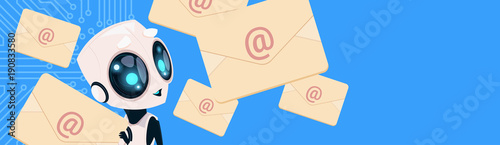 Cute Robot With Email Letters Chat Bot Over Circuit Background Horizontal Bannner With Copy Space Flat Vector Illustration