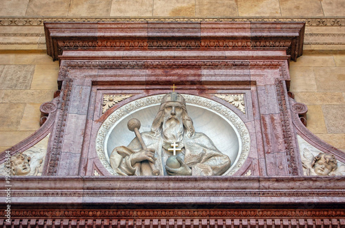 Bas-relief of St Stephen, the first king of Hungary, above the entrance of the St Stephen's Basilica - Budapest, Hungary