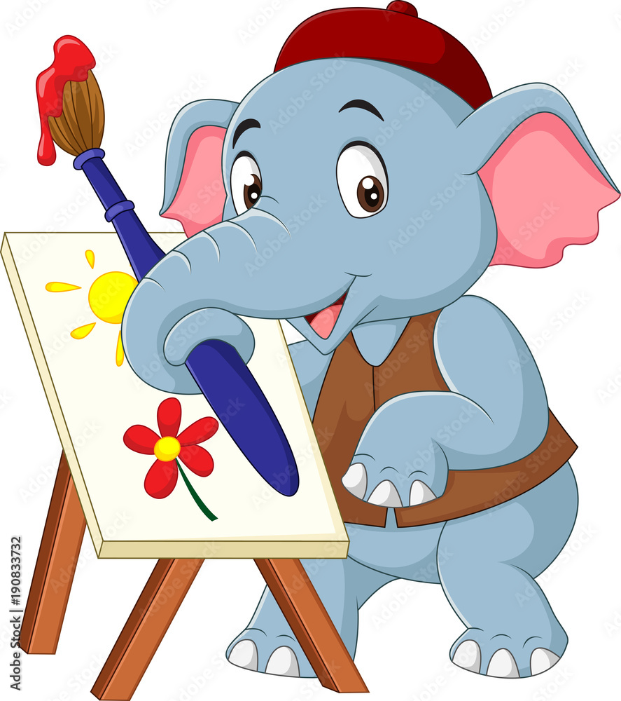 Fototapeta premium Cartoon cute elephant drawing a picture