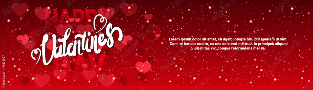 Valentine Day Horizontal Banner With Handwritten Lettering On Red Glittering Hearts Background Template Vector Illustration Valentine Day Horizontal Banner With Handwritten Lettering On Red Glittering Hearts Background Template Vector Illustration