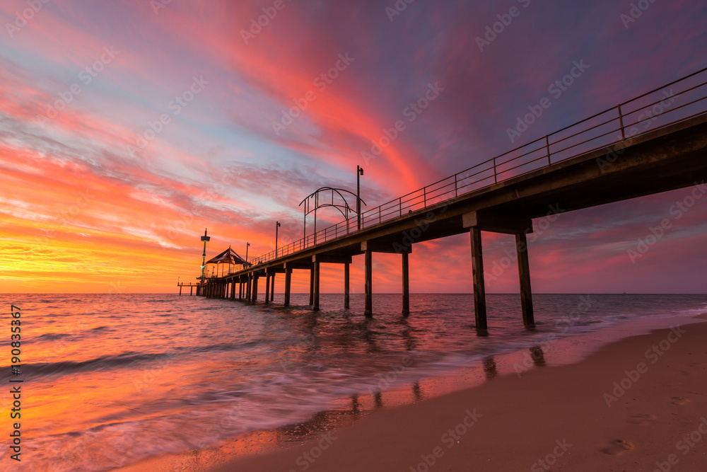 A vibrant sunset at Brighton Jetty in Brighton, Adelaide, South Australia, Australia on 1st February 2018