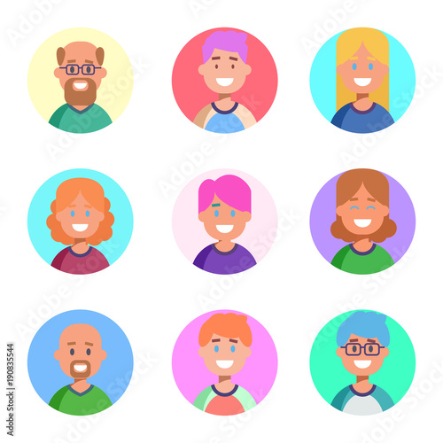 Flat design colorful icons collection of people avatars for profile page, social network, social media, different age man and woman characters, professional human occupation, portfolio. Vector