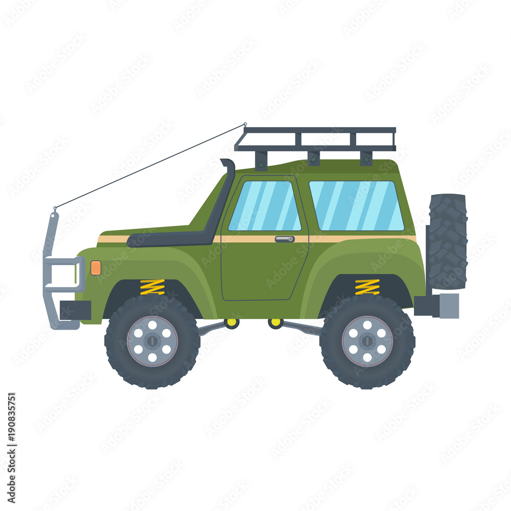Offroad Vehicle with mud tire and roof rack. Vector