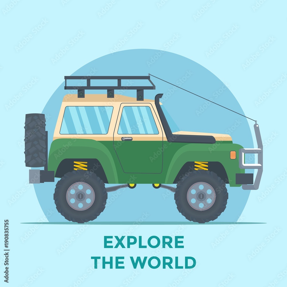 Offroad Vehicle with mud tire and roof rack. Vector Offroad Vehicle with mud tire and roof rack. Vector