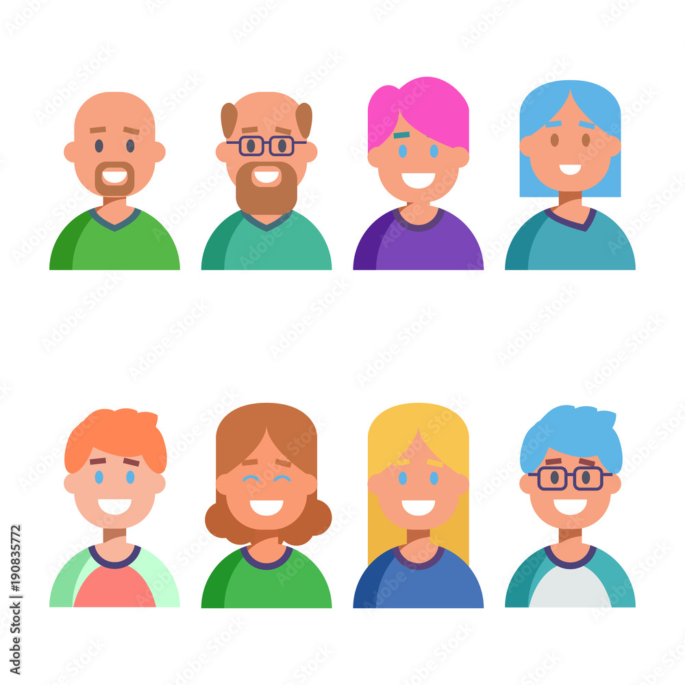 Flat design colorful icons collection of people avatars for profile page, social network, social media, different age man and woman characters, professional human occupation, portfolio. Vector Flat design colorful icons collection of people avatars for profile page, social network, social media, different age man and woman characters, professional human occupation, portfolio. Vector