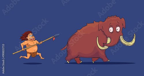 Cartoon Caveman with Spear hunting Mammoth. Vector