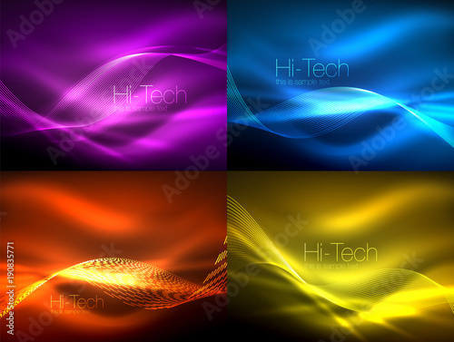 Set of neon flowing waves