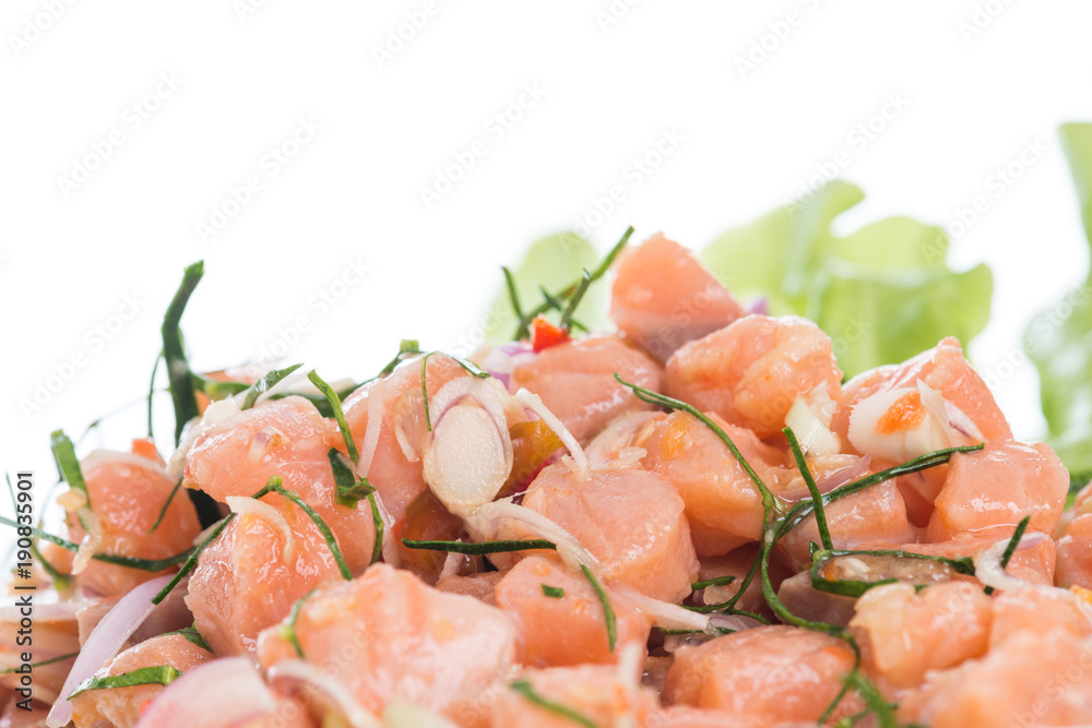 Salmon spicy salad with lemon grass isolated on white background Salmon spicy salad with lemon grass isolated on white background