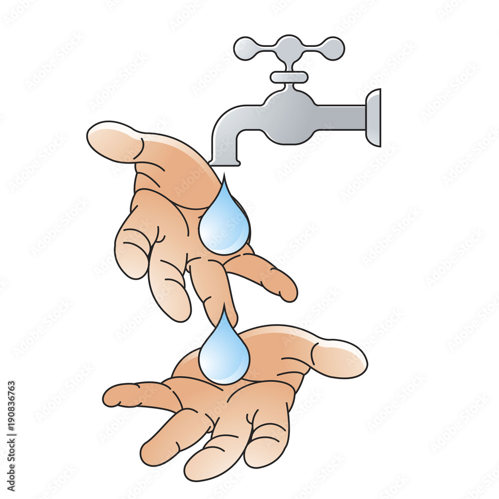 water tap and two hands vector cartoon