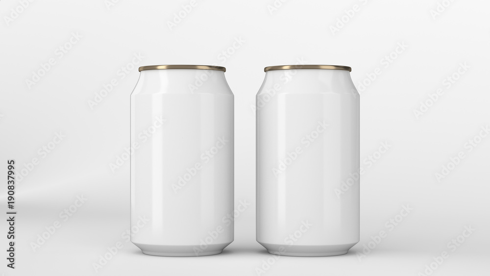 Two small white and gold aluminum soda cans mockup on white background Two small white and gold aluminum soda cans mockup on white background
