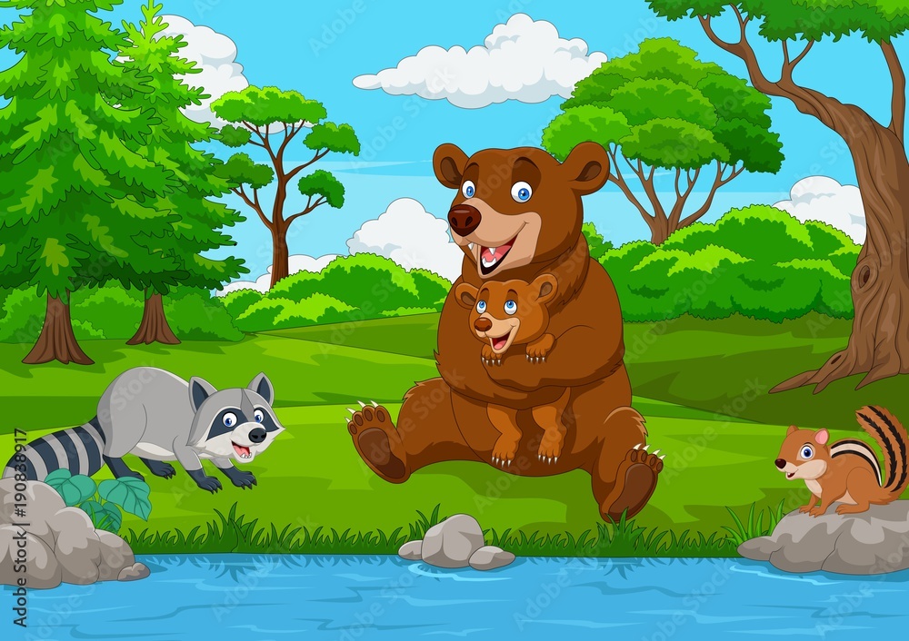 Fototapeta premium Cartoon brown bear family in the forest