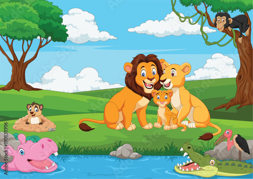 Cartoon lion family in the jungle