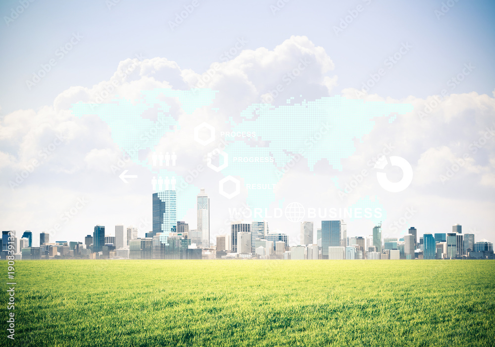 Natural background with modern cityscape green field and media i
