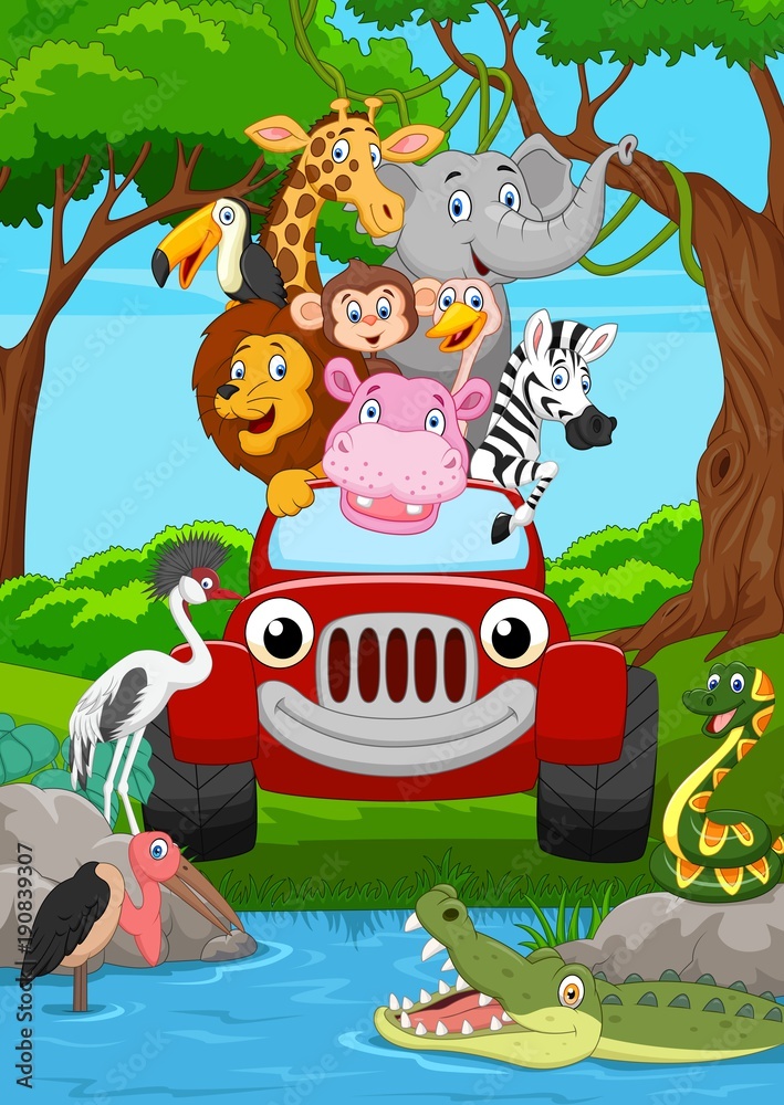 Cartoon wild animal riding a red car in the jungle Stock Vector | Adobe  Stock