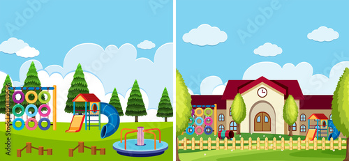Two playground scenes at the park and school