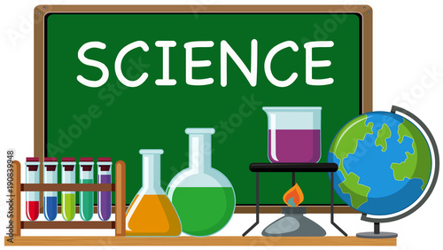 Word science on green board and science equipments