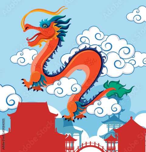 Chinese dragon flying over village