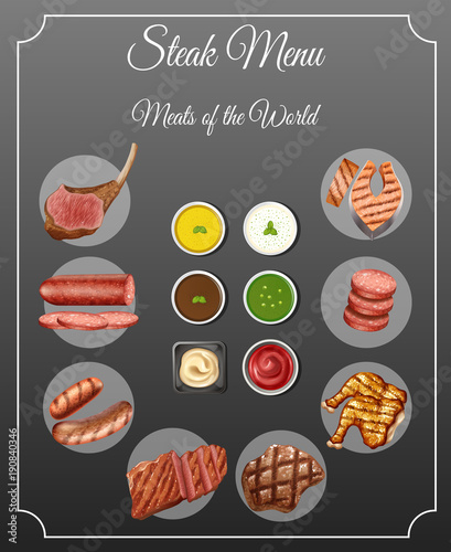 Different types of meats and sauces on steak menu
