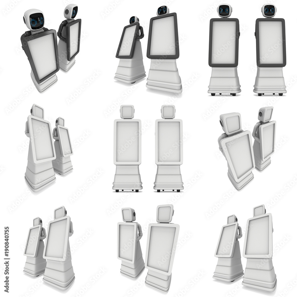 Fototapeta premium Robot Promoter Set Trade show booth with Blank LCD Screen. 3d render isolated on white background. Ad template promo bot for your expo design.