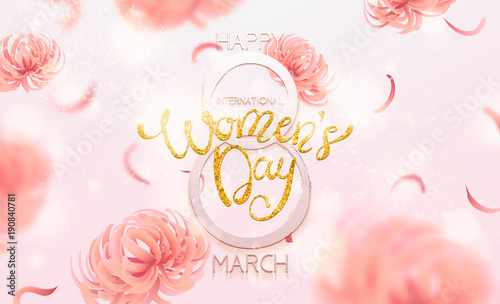 8 March Happy International Women`s Day background. Floral Greeting card, Paper cut flowers and leaves, holiday pattern, trendy Frame. Paper art Design, drawn vector Template, Banner, decor. 