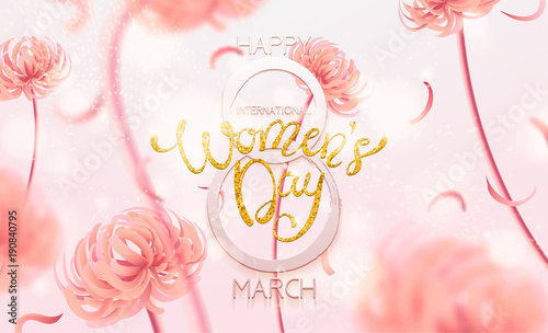 8 March Happy International Women`s Day background. Floral Greeting card, Paper cut flowers and leaves, holiday pattern, trendy Frame. Paper art Design, drawn vector Template, Banner, decor. 