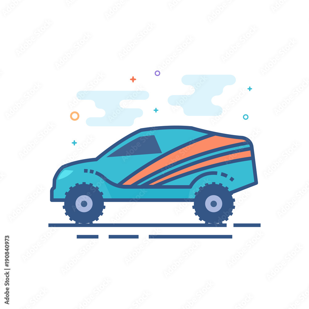 Rally car icon in outlined flat color style. Vector illustration.