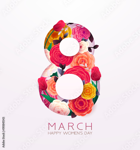 8 March Happy International Women`s Day background. Floral Greeting card, Paper cut flowers and leaves, holiday pattern, trendy Frame. Paper art Design, drawn vector Template, Banner, decor. 