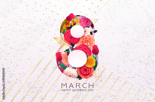 8 March Happy International Women`s Day background. Floral Greeting card, Paper cut flowers and leaves, holiday pattern, trendy Frame. Paper art Design, drawn vector Template, Banner, decor. 