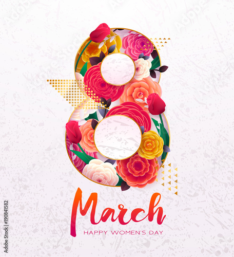 8 March Happy International Women`s Day background. Floral Greeting card, Paper cut flowers and leaves, holiday pattern, trendy Frame. Paper art Design, drawn vector Template, Banner, decor. 