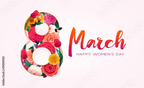 8 March Happy International Women`s Day background. Floral Greeting card, Paper cut flowers and leaves, holiday pattern, trendy Frame. Paper art Design, drawn vector Template, Banner, decor. 