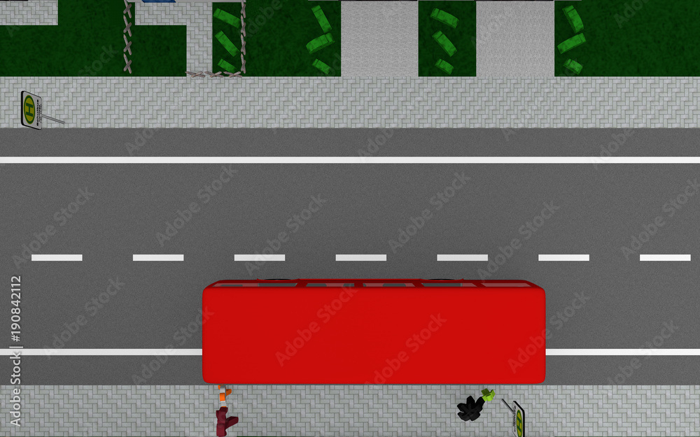 Road with bus and street sign Bus stop with german text, school bus on weekdays. View from above. Road with bus and street sign Bus stop with german text, school bus on weekdays. View from above.