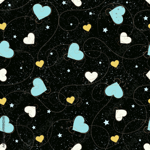 Heart seamless background. Gold, blue and white heart. Abstract childish star pattern for bridal card, new year invitation, wedding album, book, scrapbook, textile fabric, garment, t-shirt. photo
