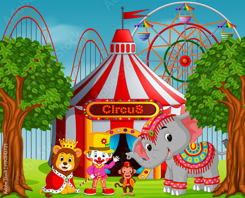 Clown and many animal with circus tent at amusement park