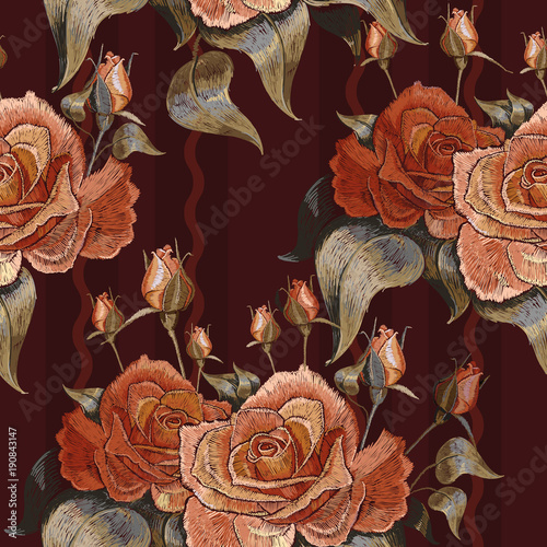 Embroidery vintage roses vector seamless pattern. Beautiful buds of red roses classical embroidery on black background. Template for clothes  textiles  t-shirt design