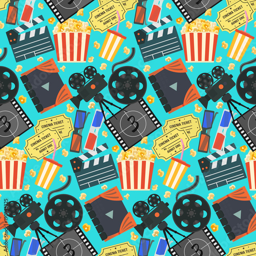 Nice flat vector cinema movie seamless pattern with colorful camera, clapper, tape bobbin, screen, tickets, popcorn, cup and glasses on blue background for textile, wrapping paper, wallpaper, surface