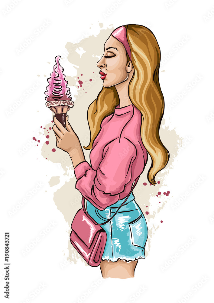 Beautiful Young Woman With Ice Cream In Hand Fashion Portrait Of Cute Girl With Long Hair Hand Drawn Fashion Sketch Of Woman In Casual Clothes Vector Illustration Of Fashion Stock Vector Beautiful Young Woman With Ice Cream In Hand Fashion Portrait Of Cute Girl With Long Hair Hand Drawn Fashion Sketch Of Woman In Casual Clothes Vector Illustration Of Fashion Stock Vector