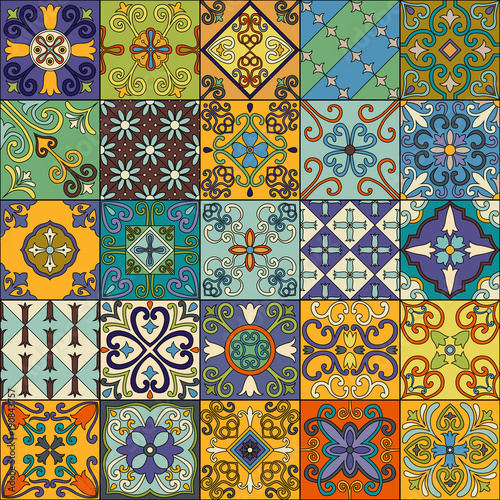 Seamless pattern with portuguese tiles in talavera style. Azulejo, moroccan, mexican ornaments.