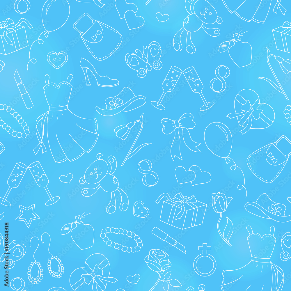 Seamless pattern on the theme of international women's day March 8, a simple outline icon on the topic of women, light contour on blue backgroun