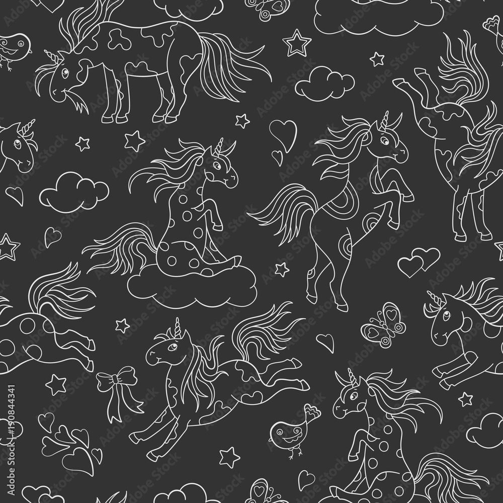 Seamless pattern with funny cartoon unicorns, hearts and stars contour white icons on dark background Seamless pattern with funny cartoon unicorns, hearts and stars contour white icons on dark background