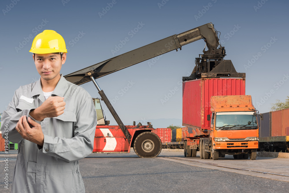 Foreman stand on front forklift loading Containers box Foreman stand on front forklift loading Containers box