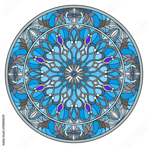 Illustration in stained glass style, round mirror image with floral ornaments and swirls