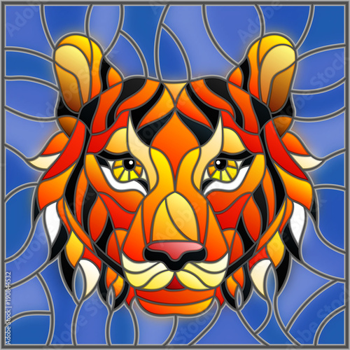 Fototapeta Naklejka Na Ścianę i Meble -  The illustration in stained glass style painting with a tiger head on a blue background , square image