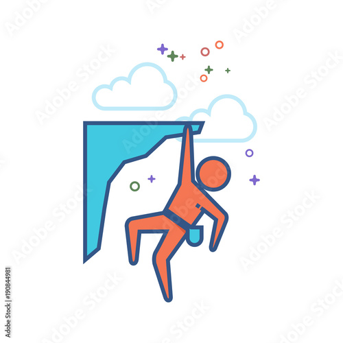 Rock climbing icon in outlined flat color style. Vector illustration.