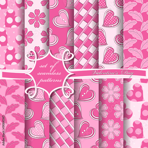 Set of seamless vector illustrations of Valentine's Day. Heart, abstract shapes, decorative flowers, design elements for scrapbook