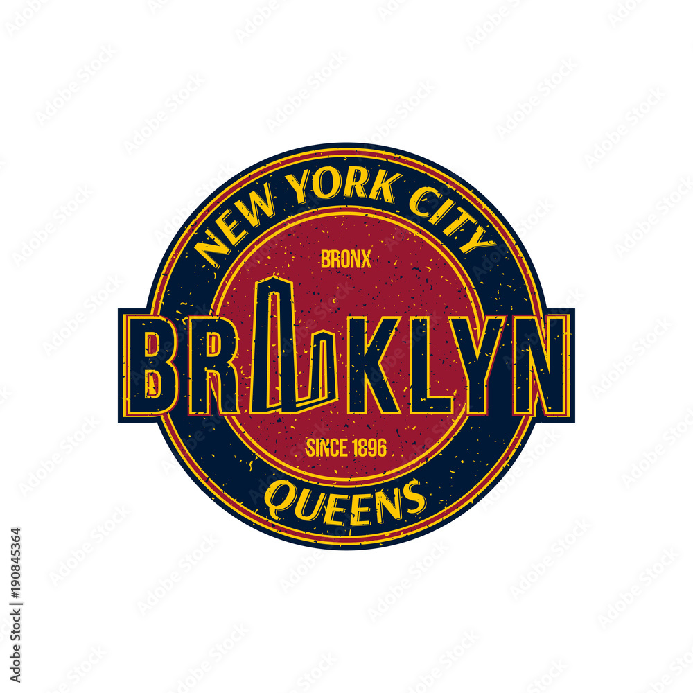 Vintage retro emblem with texture in old style. The city of New York and the Brooklyn Bridge