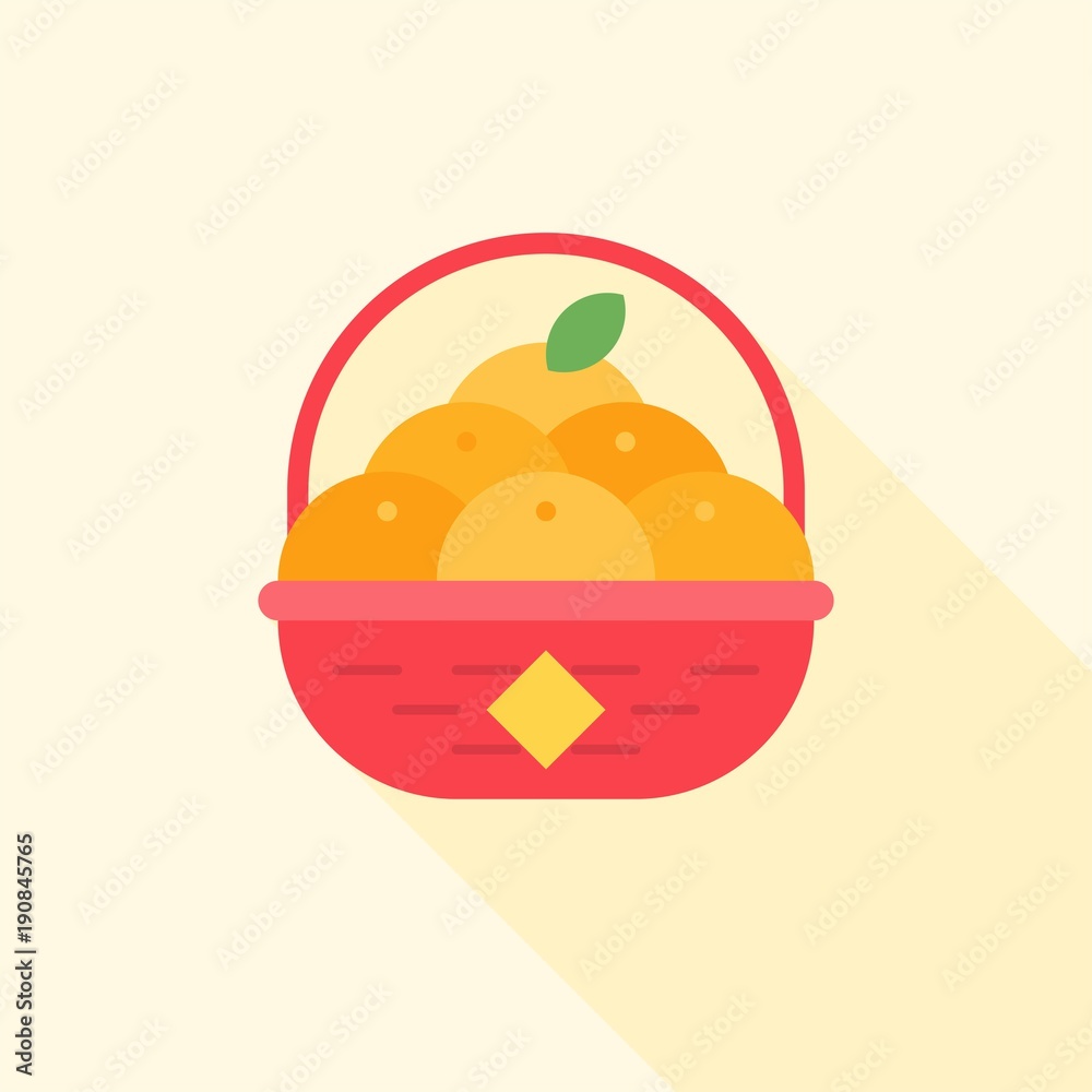 Chinese tangerine in red basket, flat design icon for lunar new year with long shadow